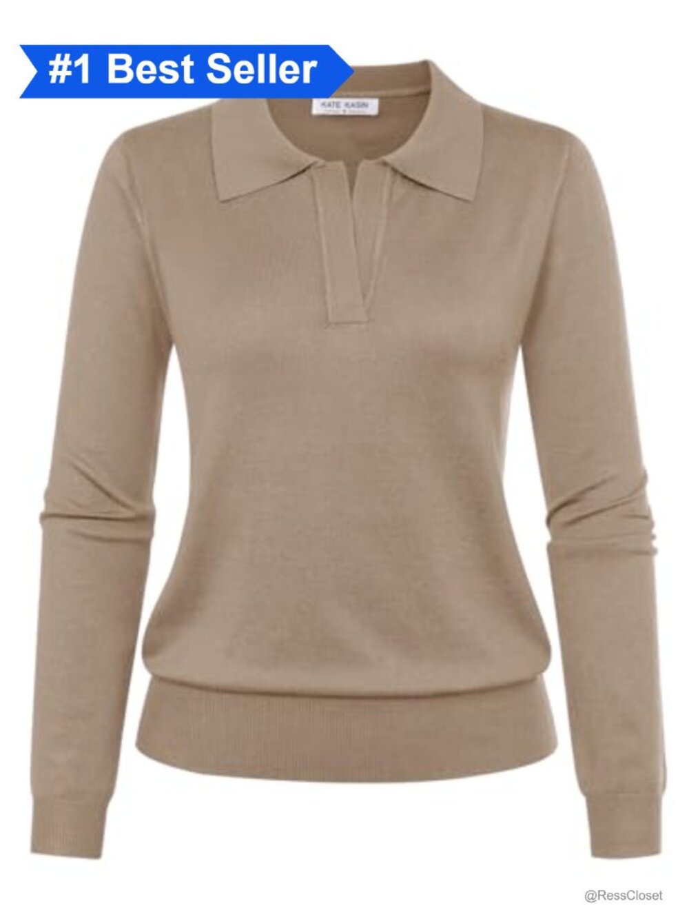 V-Neck Long Sleeve Ribbed Knit Polo Sweater Pullover